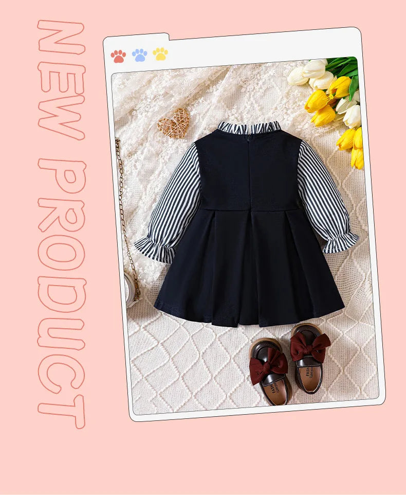 Preppy Style Baby Dress Toddler Girls Round Neck Long-sleeved Patchwork One-piece Children Dress