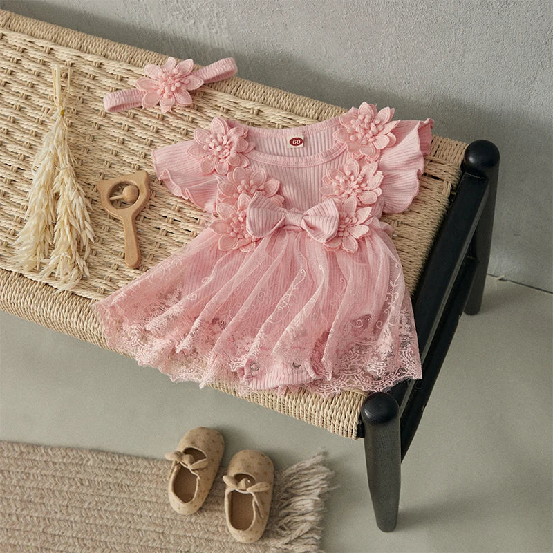 Baby Girl 2 Piece Outfits Mesh Lace Patchwork Ruffle Romper Dress and Headband Cute Fashion Summer Clothes
