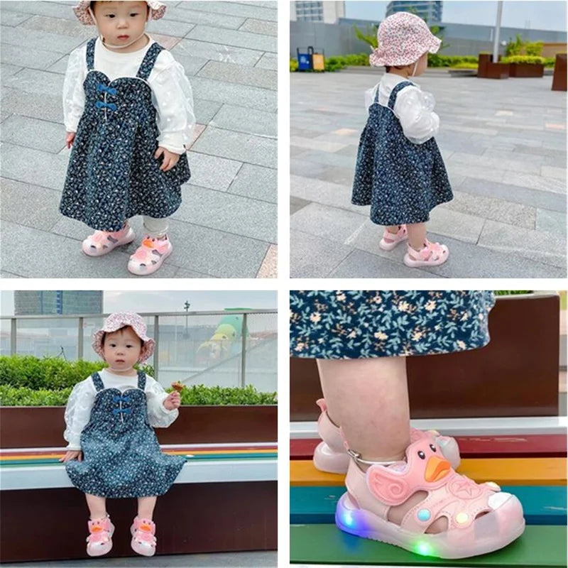 Little Duck Light-up LED Sandals for First Walker Anti-kick Baby Shoes for 0-3 Years Old Pre walker Soft Sole Cartoon for Girl