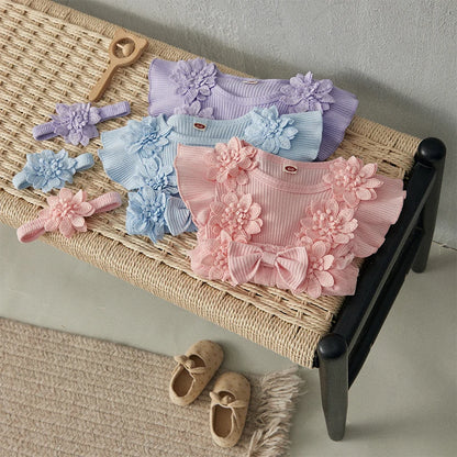 Baby Girl 2 Piece Outfits Mesh Lace Patchwork Ruffle Romper Dress and Headband Cute Fashion Summer Clothes