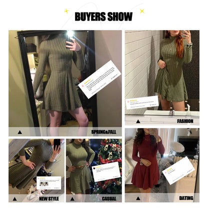 Mia Muse Women's Dress Fall Winter Simple Solid Color Long Sleeve Mock Neck A Line High Waisted Flare Hem Casual Short Dress
