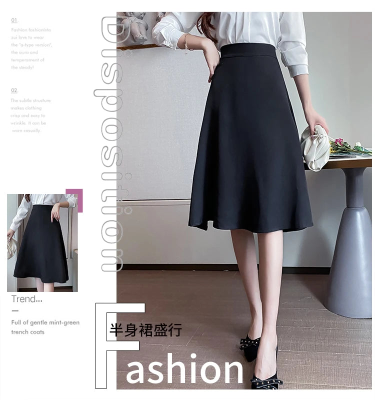 Women Skirts High Waist Knee-length A-line Black Skirt Casual All-match Elegant Ladies Gentle Ulzzang Trendy Solid Streetwear OL