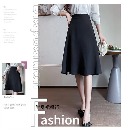 Women Skirts High Waist Knee-length A-line Black Skirt Casual All-match Elegant Ladies Gentle Ulzzang Trendy Solid Streetwear OL
