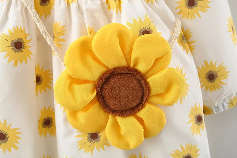 2Piece Spring Fall Toddler Girl Clothes Set Korean Cute Doll Collar Long Sleeve Print Flowers Dress+ Bag Newborn Baby Dresses 074