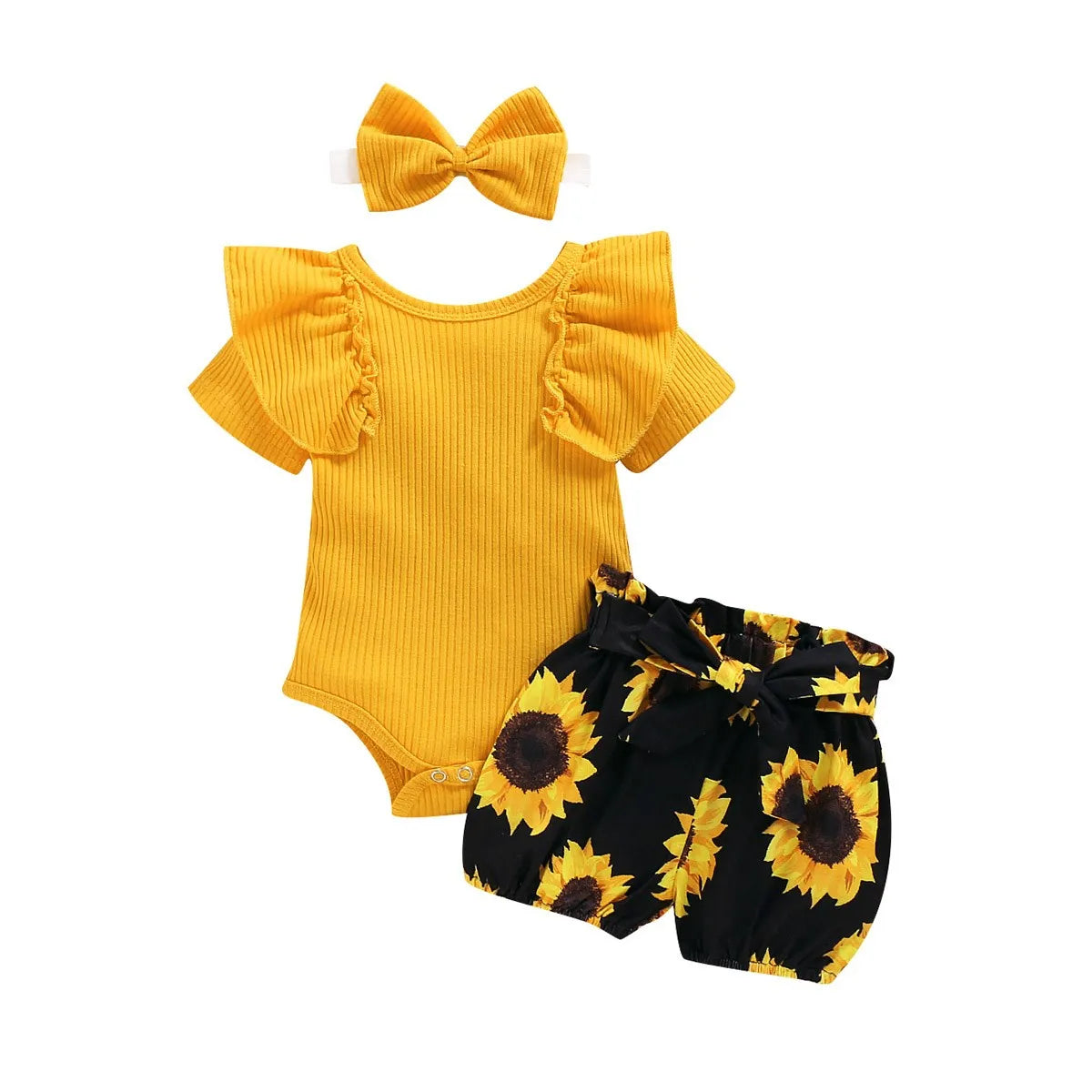 Baby Summer Clothing Girl Floral Clothes Kids Short Sleeve Romper Newborn Jumpsuit+ Girls Sunflower Tutu Shorts 3Pcs Outfits Set