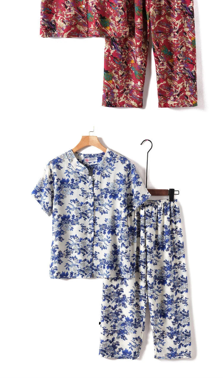 Novelty Sleepwear Women Pajamas Set Night Suit For Mother & Grandma Pajamas Summer Pajama Femme Printing Cardigan Home Clothes