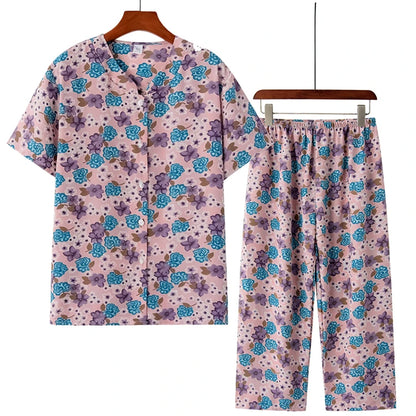 Novelty Sleepwear Women Pajamas Set Night Suit For Mother & Grandma Pajamas Summer Pajama Femme Printing Cardigan Home Clothes