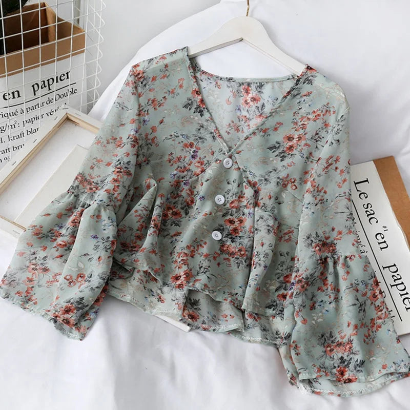 Chiffon Floral Blouses For Women Soft Retro Chic Ladies Shirts  Temperament Fresh Popular Trendy Ulzzang Button Femme Clothing