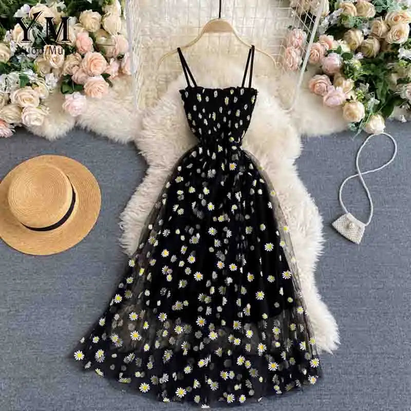 YuooMuoo Korean Fashion Daisy Flower Print Mesh Party Dress Summer Two Layers Spaghetti Strap Vacation Midi Dress Beach Vespids