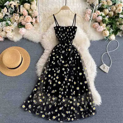 YuooMuoo Korean Fashion Daisy Flower Print Mesh Party Dress Summer Two Layers Spaghetti Strap Vacation Midi Dress Beach Vespids
