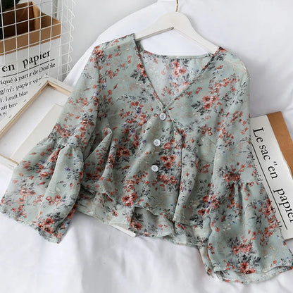 Chiffon Floral Blouses For Women Soft Retro Chic Ladies Shirts  Temperament Fresh Popular Trendy Ulzzang Button Femme Clothing
