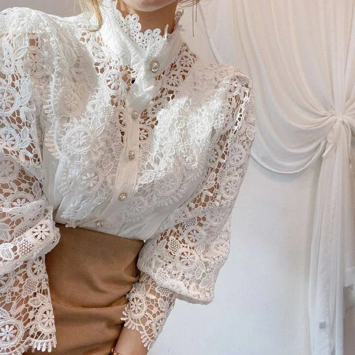 Women Chiffon Button Turtleneck Shirt Chic Elegant Floral Lace Fluffy Long Sleeve Top Fashion Hollow Oversize White Blouse 2025