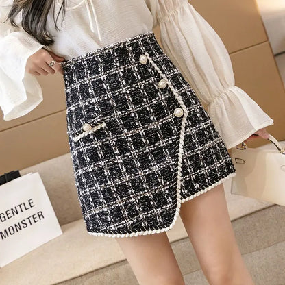 Tweed Skirts for Women Solid High Waist Slimming Skirts Autumn Spring 2025 Buttons Double Breasted Tweed Wool Mini Skirt