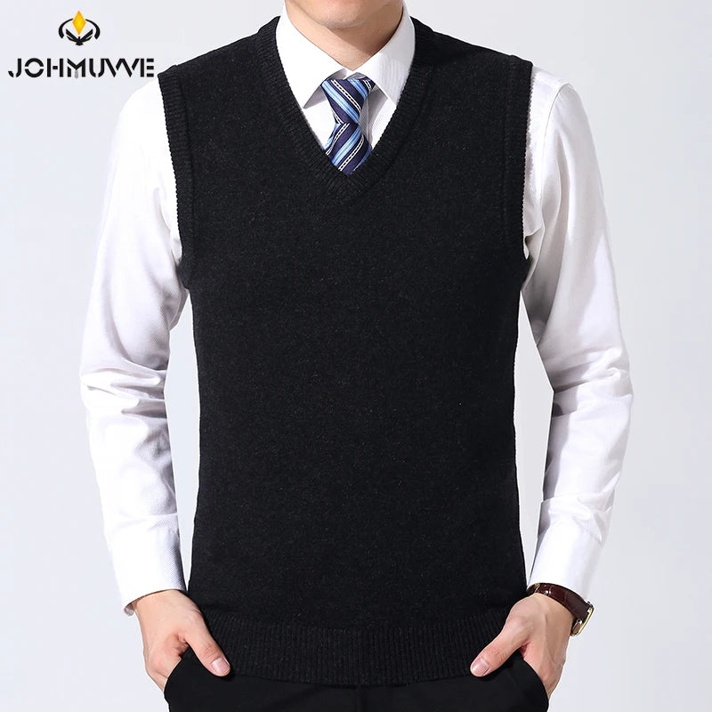 JOHMUVVE  New Men V-neck Vest Trend Retro Solid Color Vest All-match Casual Business Work Woolen Knit Vest Men Autumn