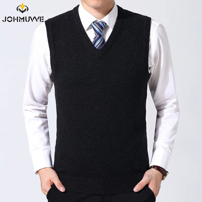 JOHMUVVE  New Men V-neck Vest Trend Retro Solid Color Vest All-match Casual Business Work Woolen Knit Vest Men Autumn