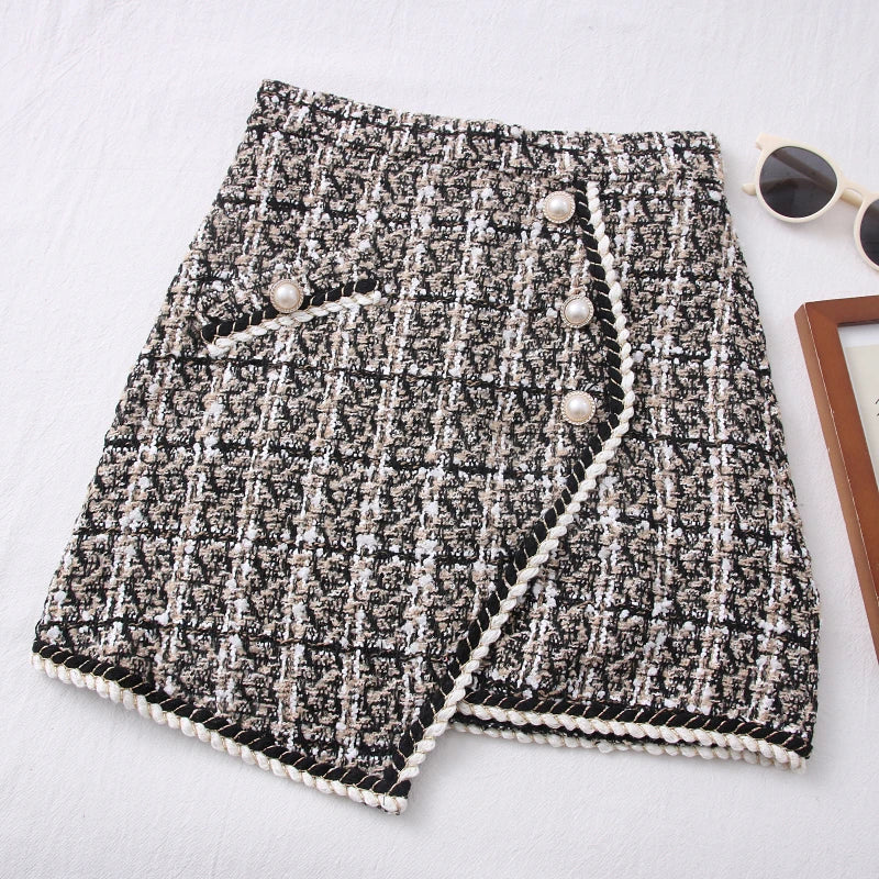 Tweed Skirts for Women Solid High Waist Slimming Skirts Autumn Spring 2025 Buttons Double Breasted Tweed Wool Mini Skirt