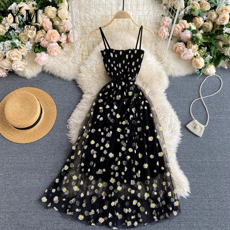 YuooMuoo Korean Fashion Daisy Flower Print Mesh Party Dress Summer Two Layers Spaghetti Strap Vacation Midi Dress Beach Vespids