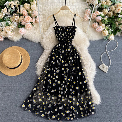 YuooMuoo Korean Fashion Daisy Flower Print Mesh Party Dress Summer Two Layers Spaghetti Strap Vacation Midi Dress Beach Vespids