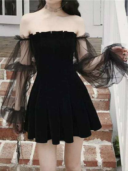 New 2025 Black Retro Dress Women Lace Chiffon Mini Dress Female High Street Sexy Korean Fashion Dress Women Club Dress