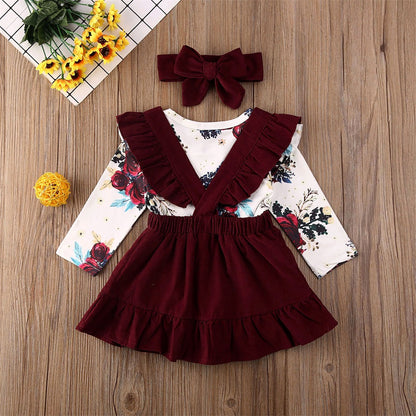 Newborn Baby Girl Clothes Set Floral Bodysuit Romper Jumpsuit Tops T Shirt Suspender Skirts Bow Headband Outfit
