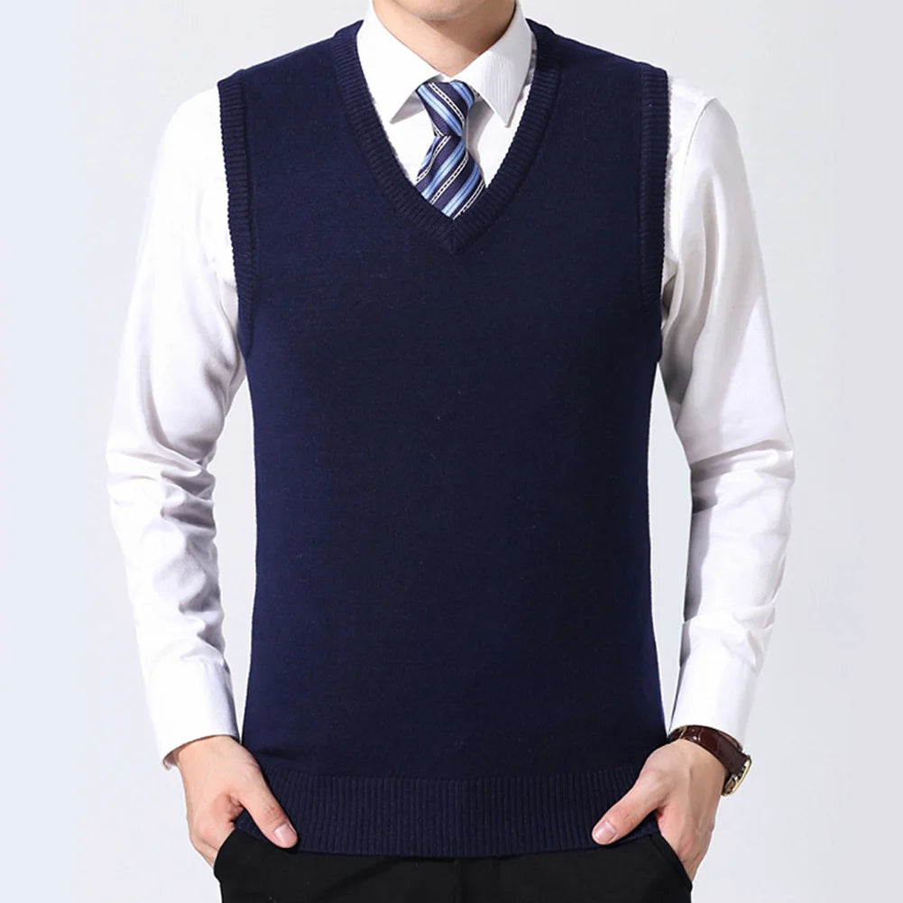 HOT SALES! Men Casual Winter Solid Color V Neck Sleeveless Knitted Woolen Plus Size Vest Knitted Woolen Vest Men Suit Vest