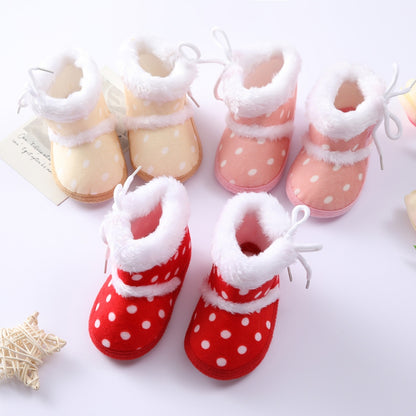 Winter Newborn Baby Girl Boy Polka Dot Cute Cartoon Cotton Shoes Soft Sole Plus Velvet Warm Boots Toddler Infant Walking Shoes