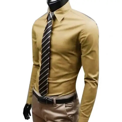 Men Dress Shirt New Fashion Men Solid Color Business Long Sleeve Men Button Turn Down Collar Shirt Top Polyester