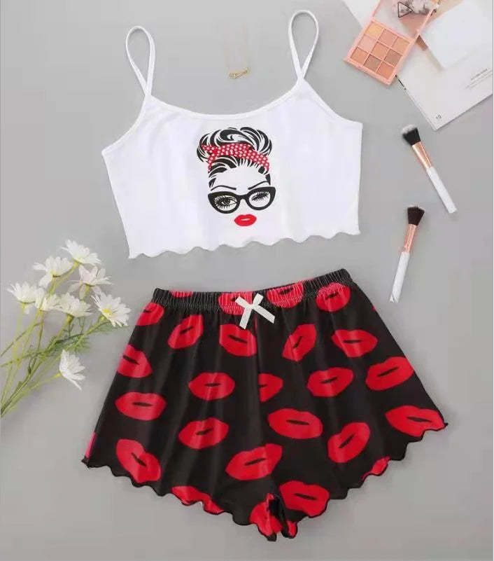 Hot Women's Sleepwear Cute Cartoon Print Short Set Pajamas for Women Pajama Set Sweet Short Sleeve V-Neck & Shorts Summer Pajama