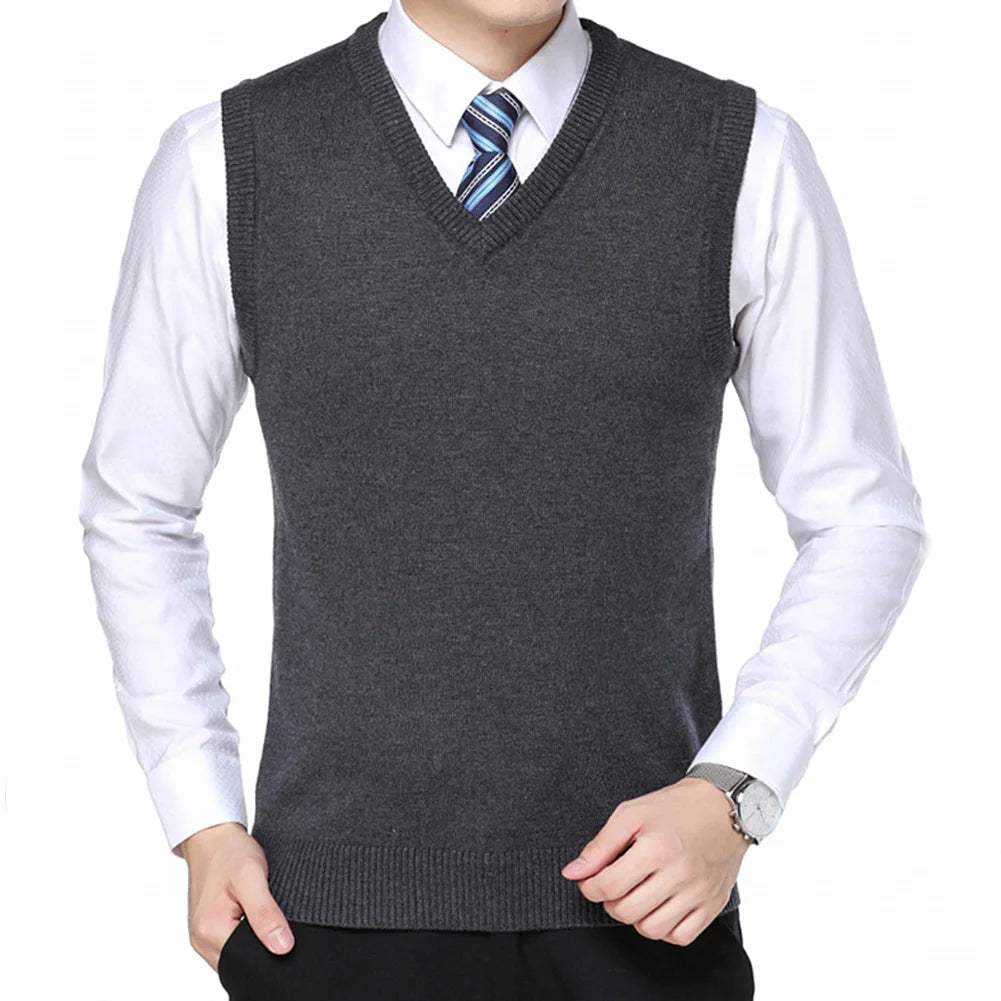 HOT SALES! Men Casual Winter Solid Color V Neck Sleeveless Knitted Woolen Plus Size Vest Knitted Woolen Vest Men Suit Vest