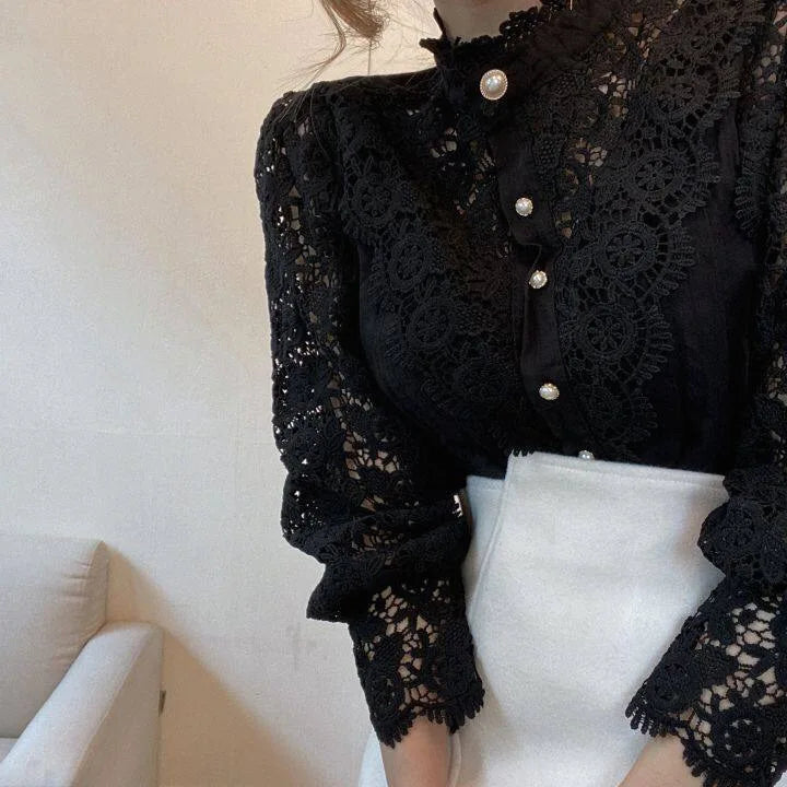 Women Chiffon Button Turtleneck Shirt Chic Elegant Floral Lace Fluffy Long Sleeve Top Fashion Hollow Oversize White Blouse 2025