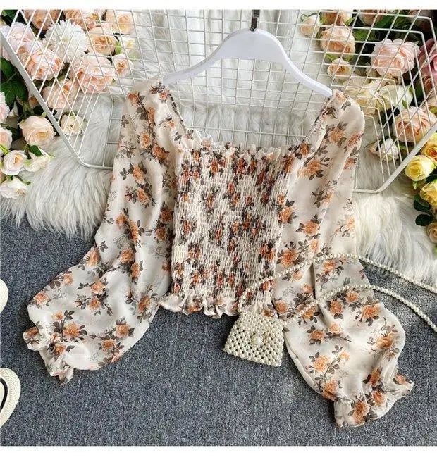 Blouse Women Autumn Retro Sexy Square-Neck Chiffon Shirt Long Sleeve Women's High Waist Short Blusas Ropa De Mujer