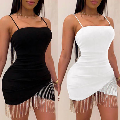Sexy Dresses Woman Party Night Birthday Tassel Split Sleeveless Bodycon Dress Summer Elegant Suspender Short Mini Pencil Dress