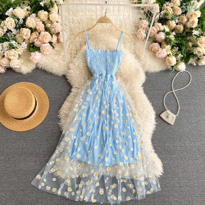 YuooMuoo Korean Fashion Daisy Flower Print Mesh Party Dress Summer Two Layers Spaghetti Strap Vacation Midi Dress Beach Vespids