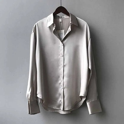 Elegant Satin Loose Women Shirt Spring Turn-down Collar Ladies Blouse Autumn Vintage Casual Button Silk Tops