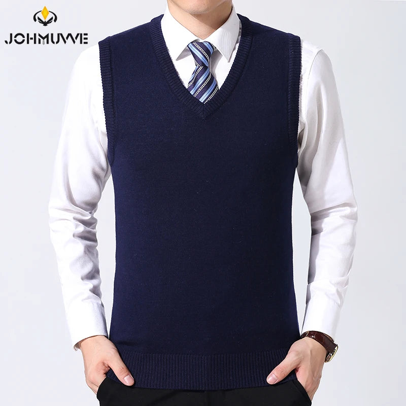 JOHMUVVE  New Men V-neck Vest Trend Retro Solid Color Vest All-match Casual Business Work Woolen Knit Vest Men Autumn