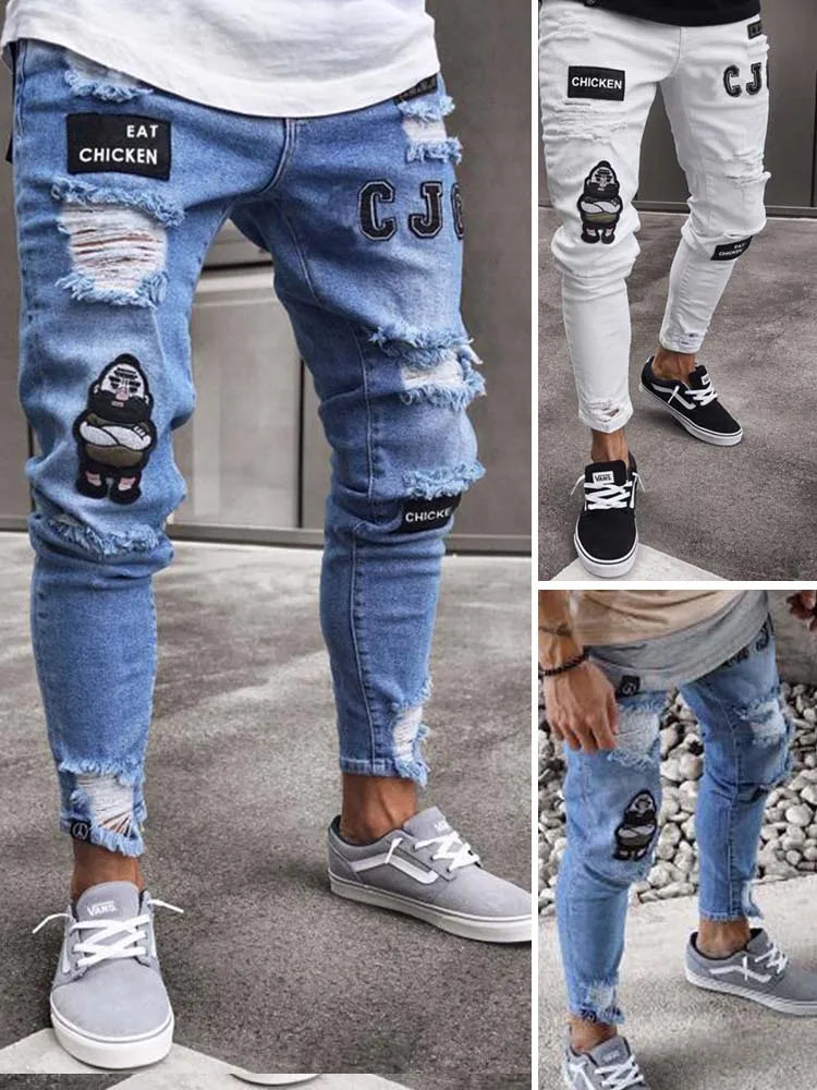 Men's Stretchy Ripped Skinny Embroidered Jeans Men's White Pants Destroyed Hole Slim Fit Denim High Quality Hip Hop Men trousers