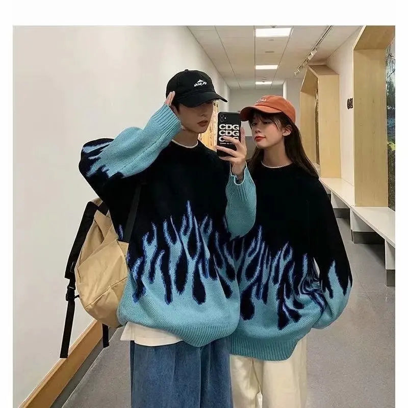 Hip Hop Mens Streetwear Harajuku Knitted Sweater Blue Fire Flame 2025 Autumn Sweater Pullover Loose HipHop Retro Vintage