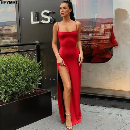 Backless Sexy Strap Split Summer Dress Women Elastic Long Dresses Sleeveless Camisole Clubwear Evening Party Dress Women's Robe