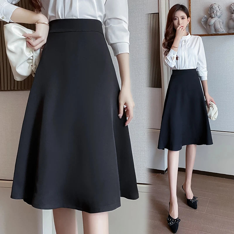 Women Skirts High Waist Knee-length A-line Black Skirt Casual All-match Elegant Ladies Gentle Ulzzang Trendy Solid Streetwear OL