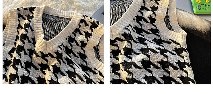 Men Houndstooth Sweater Vests Vintage Sleeveless V-neck Knitwear College Students Couple Loose Outwear Suester Para Hombre Chic