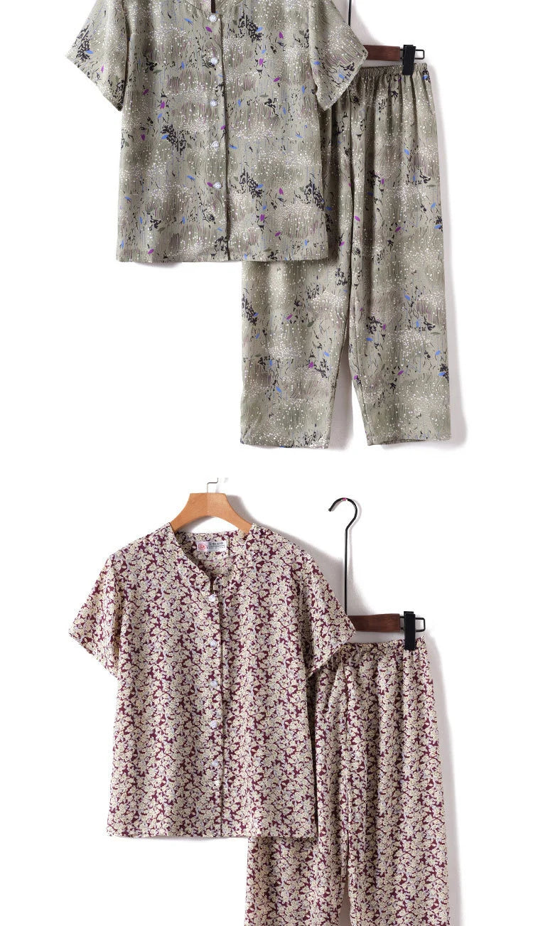 Novelty Sleepwear Women Pajamas Set Night Suit For Mother & Grandma Pajamas Summer Pajama Femme Printing Cardigan Home Clothes