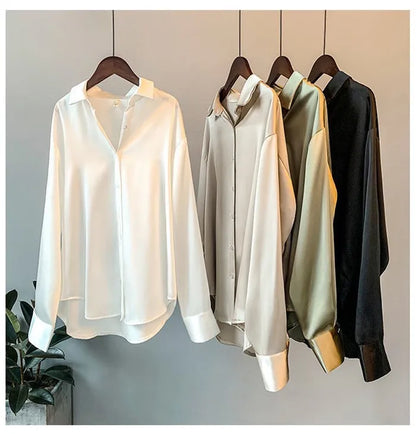 Elegant Satin Loose Women Shirt Spring Turn-down Collar Ladies Blouse Autumn Vintage Casual Button Silk Tops