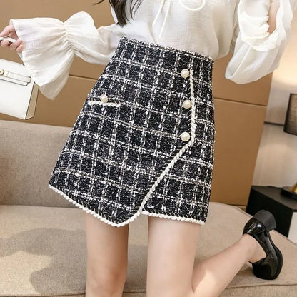 Tweed Skirts for Women Solid High Waist Slimming Skirts Autumn Spring 2025 Buttons Double Breasted Tweed Wool Mini Skirt