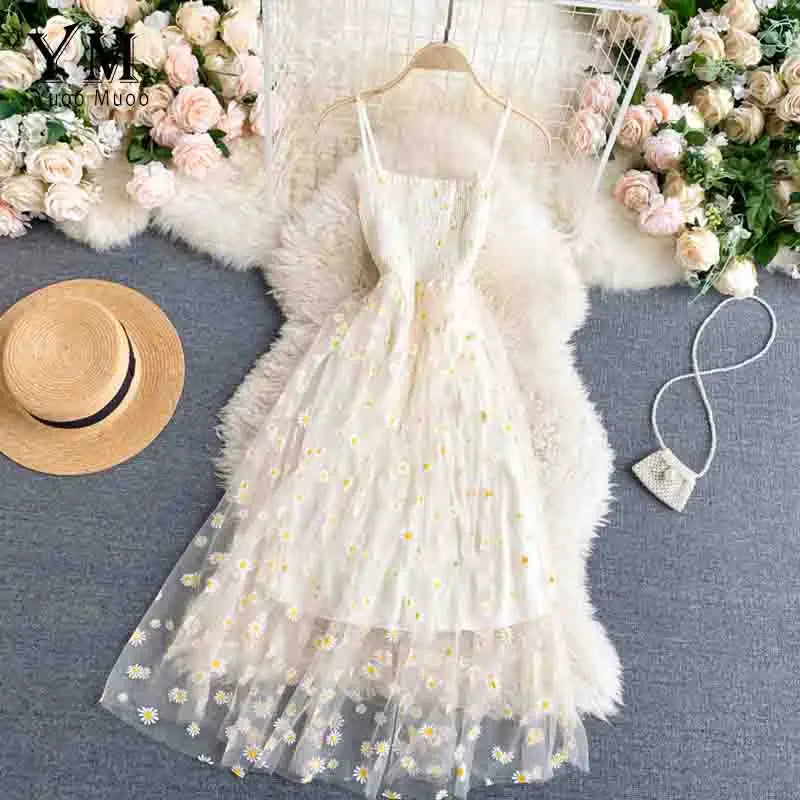 YuooMuoo Korean Fashion Daisy Flower Print Mesh Party Dress Summer Two Layers Spaghetti Strap Vacation Midi Dress Beach Vespids
