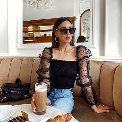 Summer Polka Dot Vintage New Women Shirts Puff Sleeve Square Sexy Square Neck Slim See-through Blouse Crop Top Clubwear