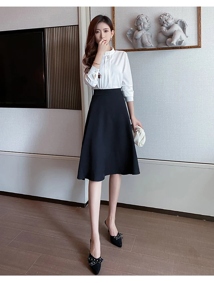 Women Skirts High Waist Knee-length A-line Black Skirt Casual All-match Elegant Ladies Gentle Ulzzang Trendy Solid Streetwear OL