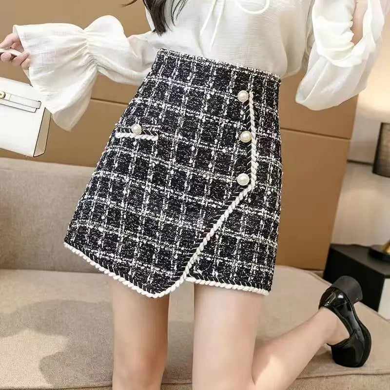 Tweed Skirts for Women Solid High Waist Slimming Skirts Autumn Spring 2025 Buttons Double Breasted Tweed Wool Mini Skirt