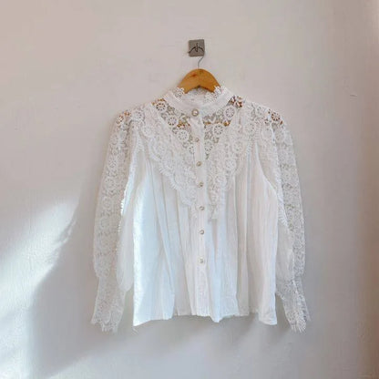 Women Chiffon Button Turtleneck Shirt Chic Elegant Floral Lace Fluffy Long Sleeve Top Fashion Hollow Oversize White Blouse 2025