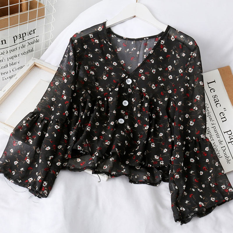 Chiffon Floral Blouses For Women Soft Retro Chic Ladies Shirts  Temperament Fresh Popular Trendy Ulzzang Button Femme Clothing