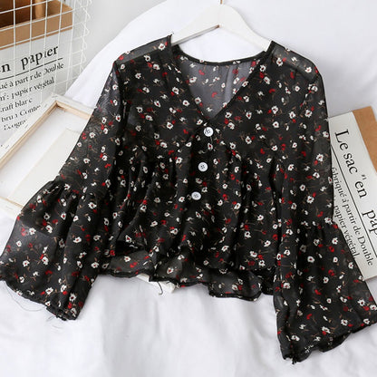 Chiffon Floral Blouses For Women Soft Retro Chic Ladies Shirts  Temperament Fresh Popular Trendy Ulzzang Button Femme Clothing
